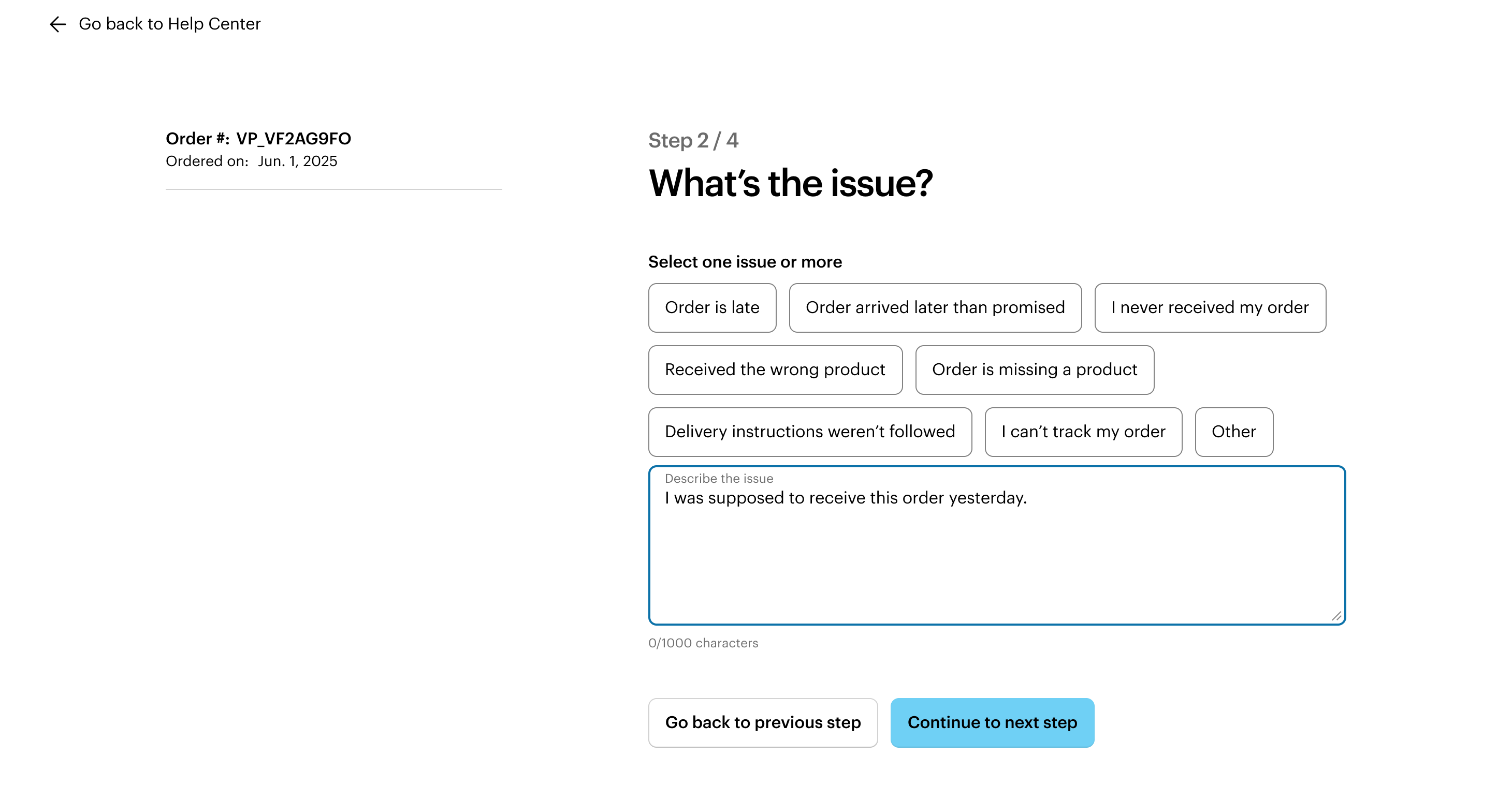 Issue selection page with multi-select buttons for order problems and a text field containing a custom description.